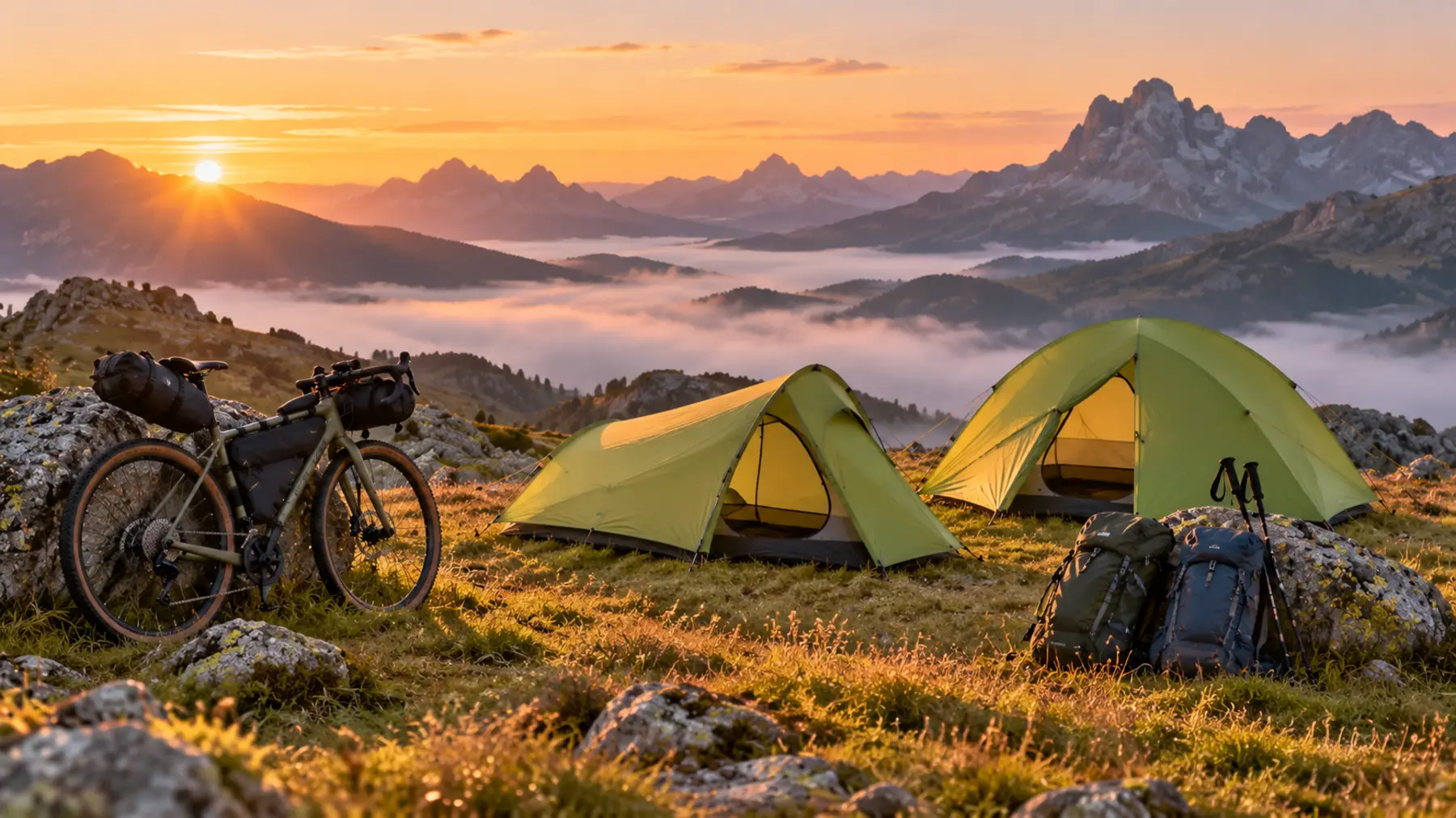 Dos tiendas de campaña ultraligeras verde lima, una de tipo túnel y otra de tipo iglú, montadas en un prado de montaña al amanecer junto a una bicicleta gravel con bolsas de bikepacking y dos mochilas de trekking