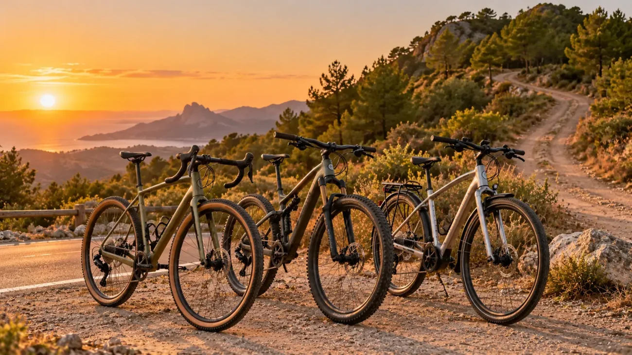 Una bicicleta gravel, una de montaña con doble suspensión y una híbrida con portabultos, aparcadas junto a una carretera que se convierte en pista de tierra entre pinos, con el mar Mediterráneo al atardecer
