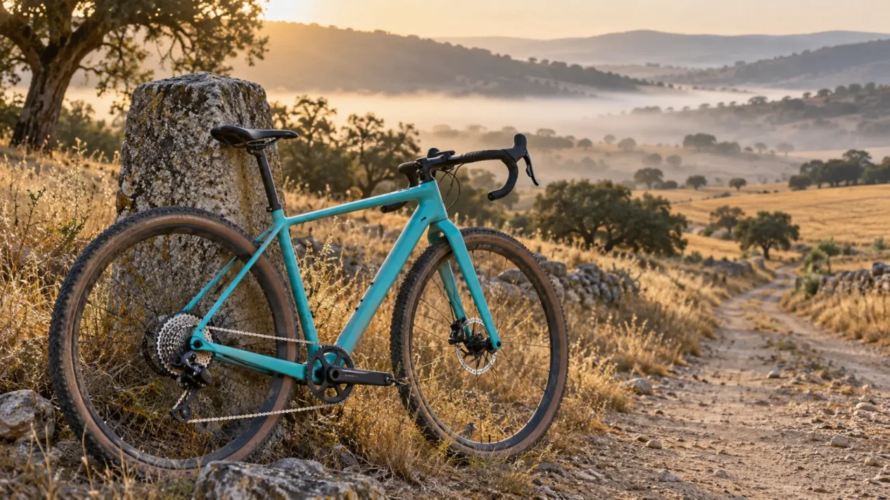 Bicicleta gravel turquesa con manillar curvo, frenos de disco y transmisión de un solo plato, apoyada en un mojón de piedra junto a una pista de tierra entre encinas al amanecer
