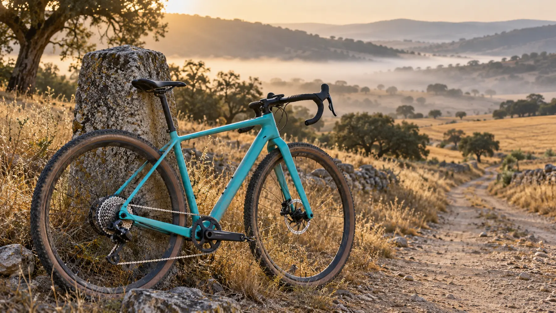 Bicicleta gravel turquesa con manillar curvo, frenos de disco y transmisión de un solo plato, apoyada en un mojón de piedra junto a una pista de tierra entre encinas al amanecer