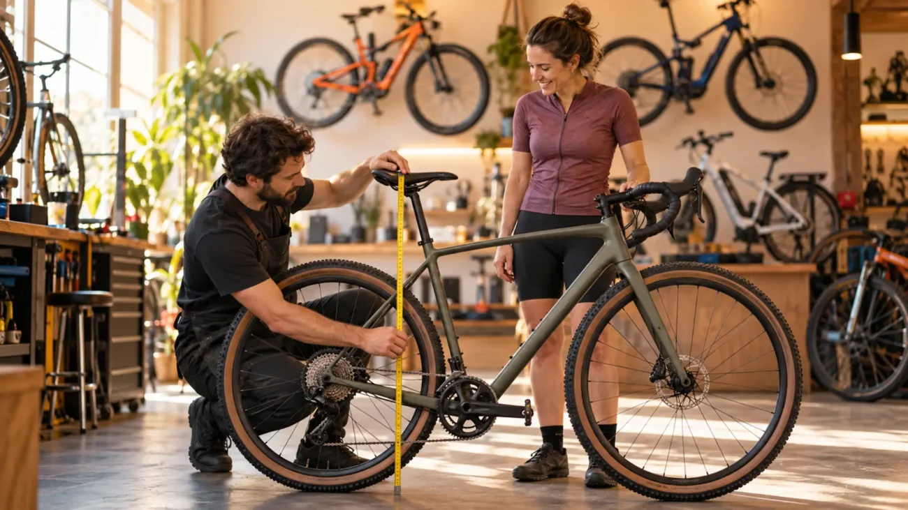 Mecánico midiendo con cinta métrica la altura del sillín de una bicicleta gravel para elegir la talla de bicicleta de una ciclista
